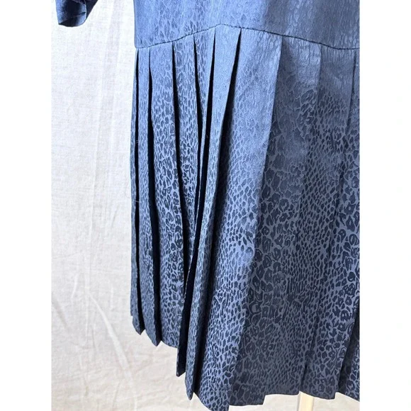 Argenti Vintage 80s Silk Leopard Jacquard Drop Waist Dress Navy 10 Dark Academia - Picture 5 of 8